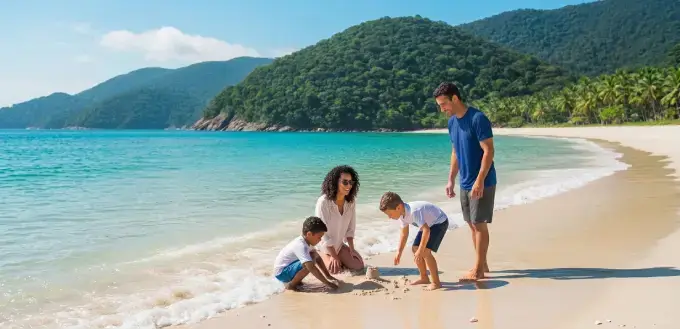 Familia disfrutando un día de playa en Natal, Brasil, con mar cristalino y paisajes costeros del nordeste.