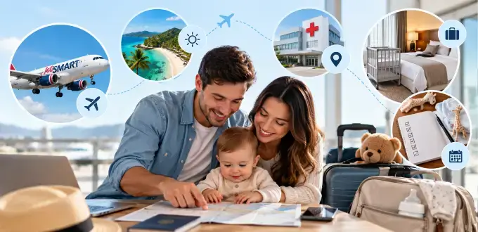 Familia con bebé organiza su viaje en avión JetSMART, revisando destinos, alojamiento, asistencia médica y equipaje.