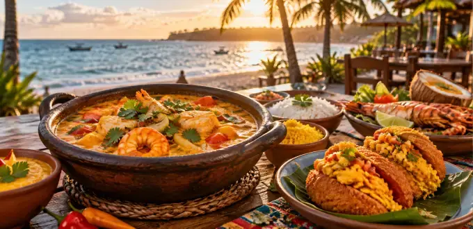 Gastronomía típica de Porto Seguro, Brasil, con moqueca de camarones, mariscos y platos regionales frente al mar.