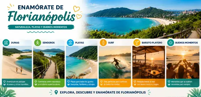 Infografía turística de Florianópolis, Brasil, con playas, dunas, senderos, surf, bares playeros y paisajes naturales.