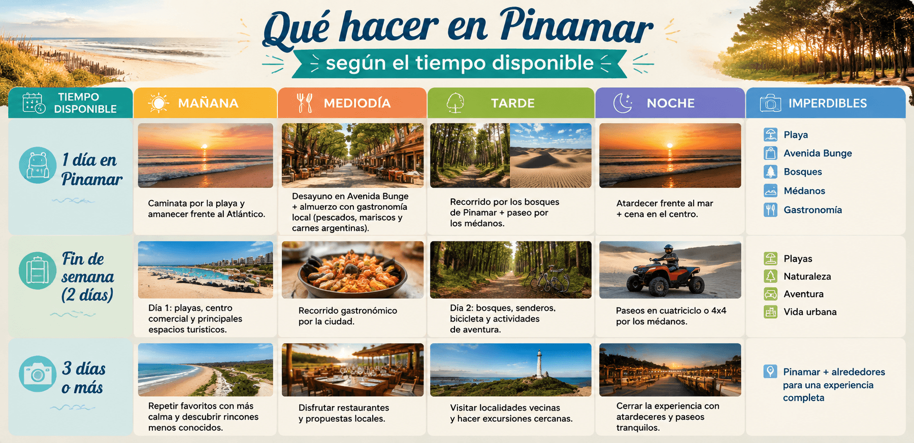 Guía de actividades en Pinamar, Argentina según tiempo disponible: playas, bosques, médanos y gastronomía.