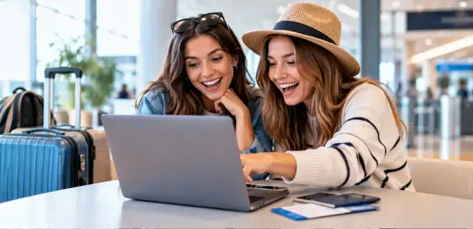 Dos amigas realizan el check-in online desde un computador portátil en el aeropuerto, junto a sus maletas y documentos de viaje.