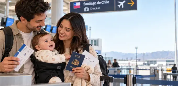 Familia con bebé muestra pasaportes y documentos para viajar en avión desde el aeropuerto de Santiago de Chile.