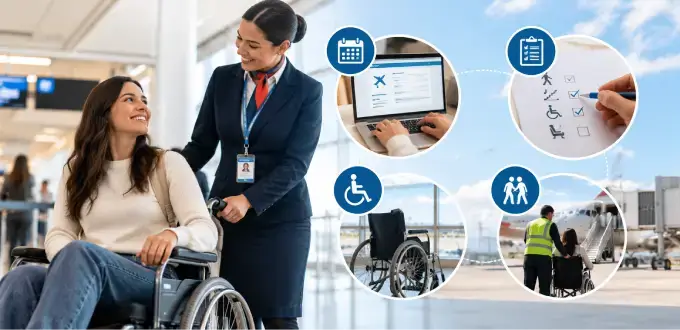 Pasajera en silla de ruedas recibe asistencia en el aeropuerto, con recomendaciones para viajar en avión.