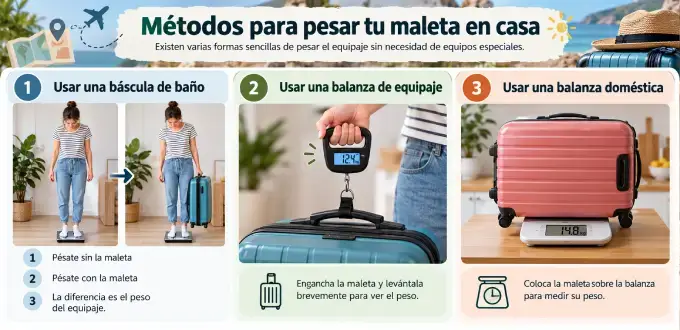 Infografía con tres métodos para pesar una maleta en casa: báscula de baño, balanza de equipaje y balanza doméstica.