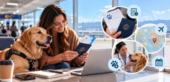 Mujer con perro de asistencia en aeropuerto revisa documentos de viaje, requisitos veterinarios y pasajes de avión.