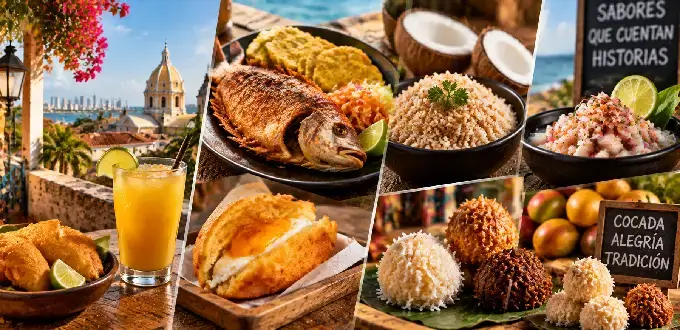 Cartagena de Indias, Colombia: gastronomía caribeña con pescado, ceviche, cocadas y sabores tradicionales locales.
