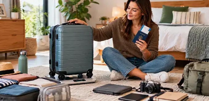 Viajera prepara su equipaje en casa, pesa una maleta de cabina y revisa su pasaporte antes de viajar en avión.