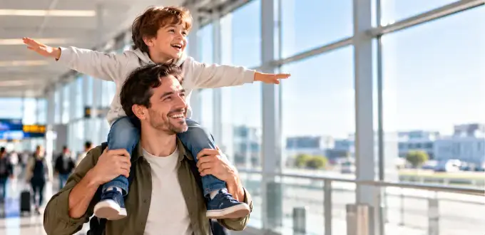 Padre lleva a su hijo sobre los hombros en el aeropuerto, preparándose para viajar en avión con un menor.