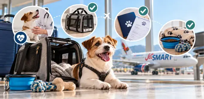 Infografía de viaje con mascotas en JetSMART: perro con transportín, control veterinario, documentos y accesorios esenciales.