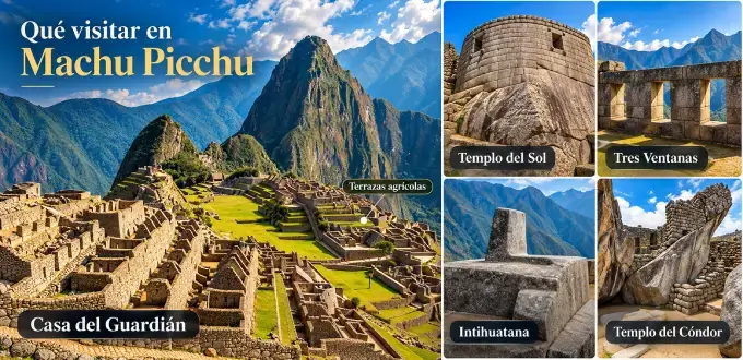 Lugares que visitar en Machu Picchu, Cusco, Perú: Casa del Guardián, Templo del Sol, Intihuatana y Templo del Cóndor.