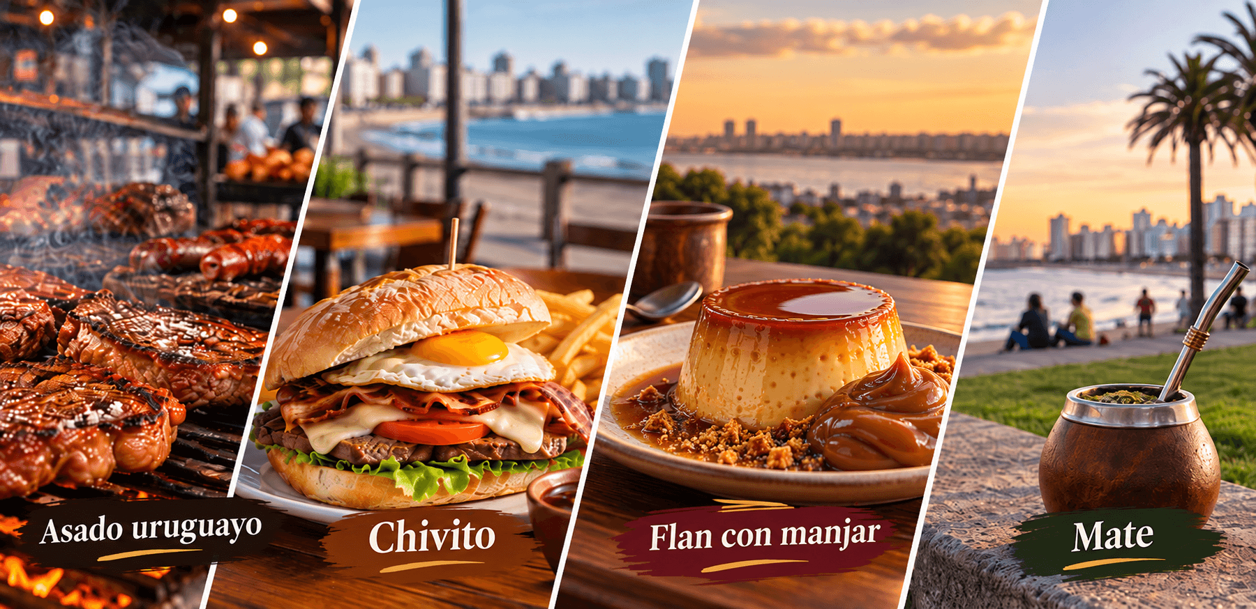 Gastronomía típica de Montevideo, Uruguay: asado uruguayo, chivito, flan con manjar y mate, con vistas a la costa.