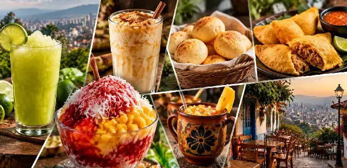 Cali, Colombia: gastronomía típica con bebidas, postres y sabores tradicionales de la cultura caleña.