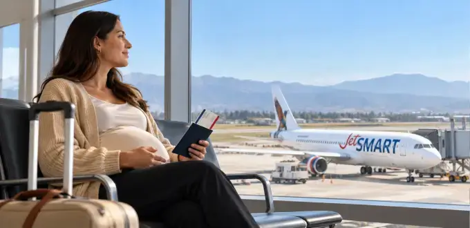 Mujer embarazada con pasaporte y equipaje espera su vuelo en un aeropuerto, frente a un avión JetSMART.