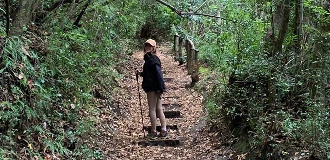 Persona realizando trekking por sendero boscoso en Pucón, turismo de naturaleza en la Región de La Araucanía, Chile.
