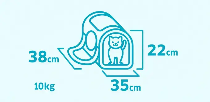 Ilustración de transportín para mascotas con medidas de 38 × 35 × 22 cm y peso máximo de 10 kg para viajar en avión.