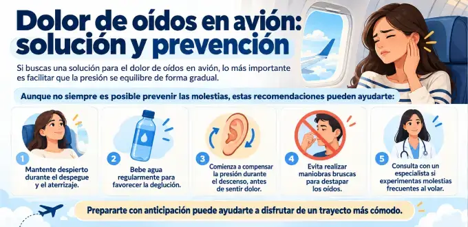 Infografía con consejos para prevenir y aliviar el dolor de oídos en avión causado por cambios de presión.