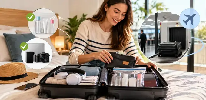 Mujer organizando su maleta de cabina con ropa, líquidos y electrónicos antes de pasar el control de seguridad del aeropuerto.