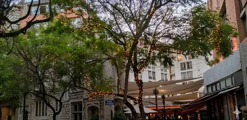 Árboles con luces decorativas y cafés en Barrio Lastarria, Santiago de Chile, ambiente bohemio entre arquitectura histórica.