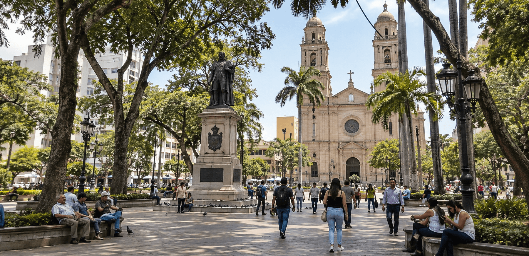 Parque Santander y Catedral de la Sagrada Familia, en el centro de Bucaramanga, Santander, con árboles y visitantes.