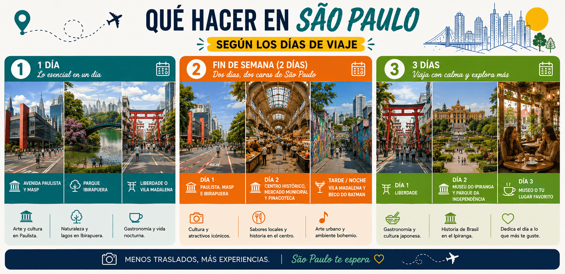 Infografía con itinerarios de 1, 2 y 3 días en São Paulo, con atractivos turísticos, cultura, gastronomía y naturaleza.
