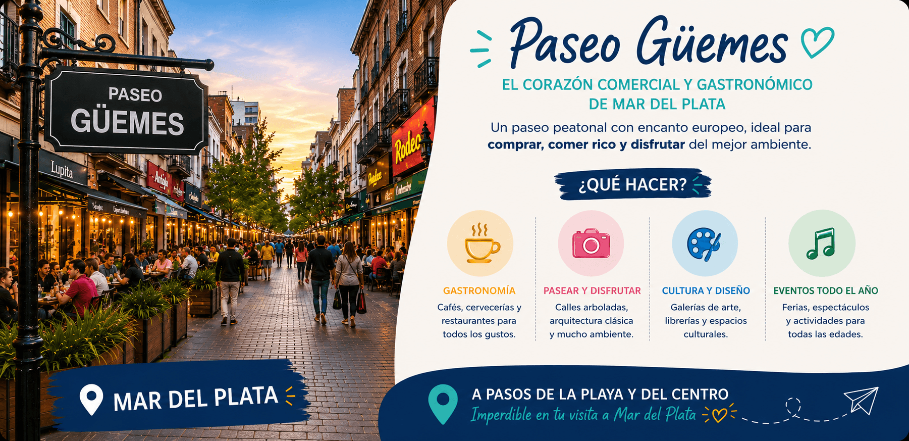 Guía del Paseo Güemes en Mar del Plata, Argentina, con opciones de compras, gastronomía, cultura y entretenimiento.