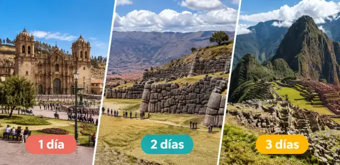 Collage de Cusco, Perú, con Plaza de Armas, ruinas incas y Machu Picchu para rutas de 1, 2 y 3 días.