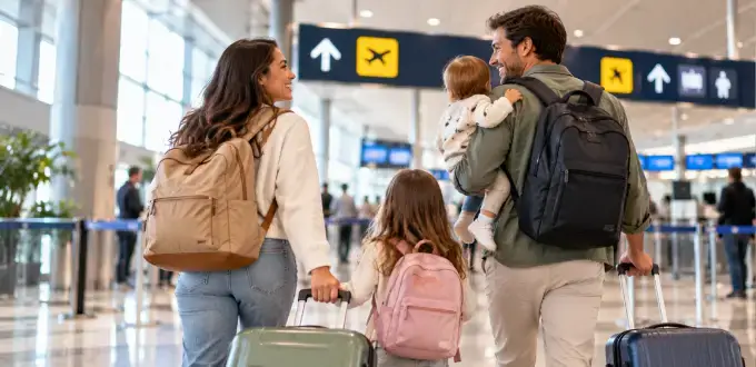 Familia con niños y bebé camina con maletas por el aeropuerto, preparándose para viajar en avión.