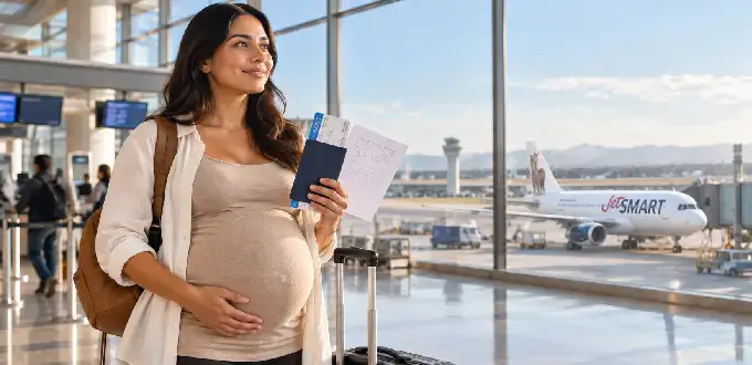 Mujer embarazada con documentos de viaje en un aeropuerto, junto a un avión JetSMART antes de abordar.