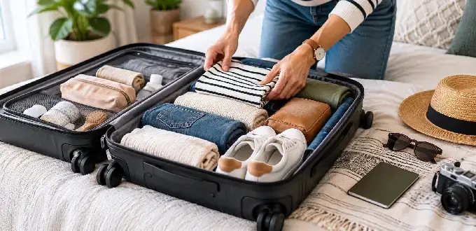 Viajero organiza ropa, zapatillas y accesorios en una maleta de cabina abierta sobre la cama para preparar su viaje.