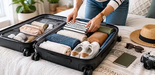 Viajero organiza ropa, zapatillas y accesorios en una maleta de cabina abierta sobre la cama para preparar su viaje.