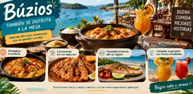 Gastronomía de Búzios, Brasil, con moqueca, camarones, pescados frescos y cócteles frente al mar.
