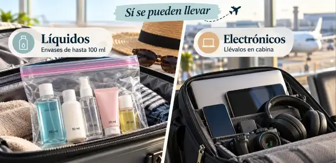 Líquidos en envases de hasta 100 ml y dispositivos electrónicos organizados en equipaje de mano para viajar en avión.