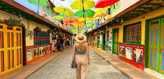 Calle de los Paraguas en Medellín, Colombia, con fachadas coloridas, arte urbano y ambiente turístico.
