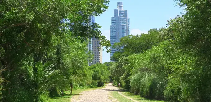 Reserva Ecológica Costanera Sur en Puerto Madero, Buenos Aires, con sendero verde y skyline urbano