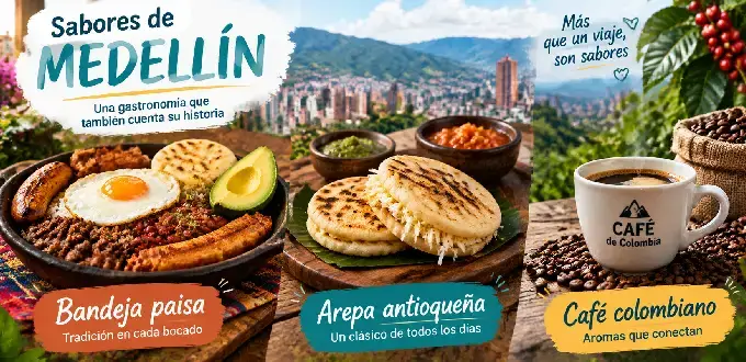 Gastronomía de Medellín, Colombia, con bandeja paisa, arepa antioqueña y café colombiano tradicional.