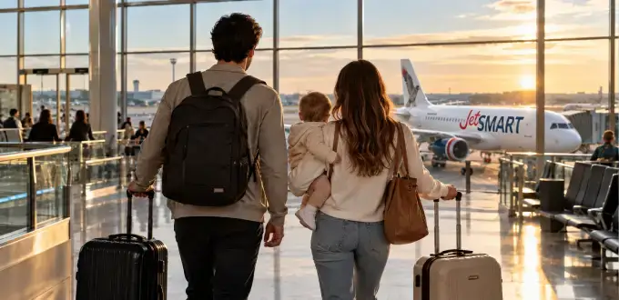 Familia viajando con bebé y equipaje en un aeropuerto de Chile, junto a un avión JetSMART listo para despegar.