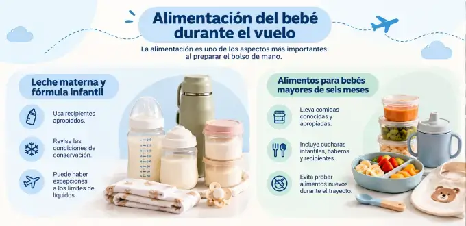 Infografía sobre alimentación del bebé en avión, con leche materna, fórmula infantil, biberones y comidas para mayores de 6 meses.