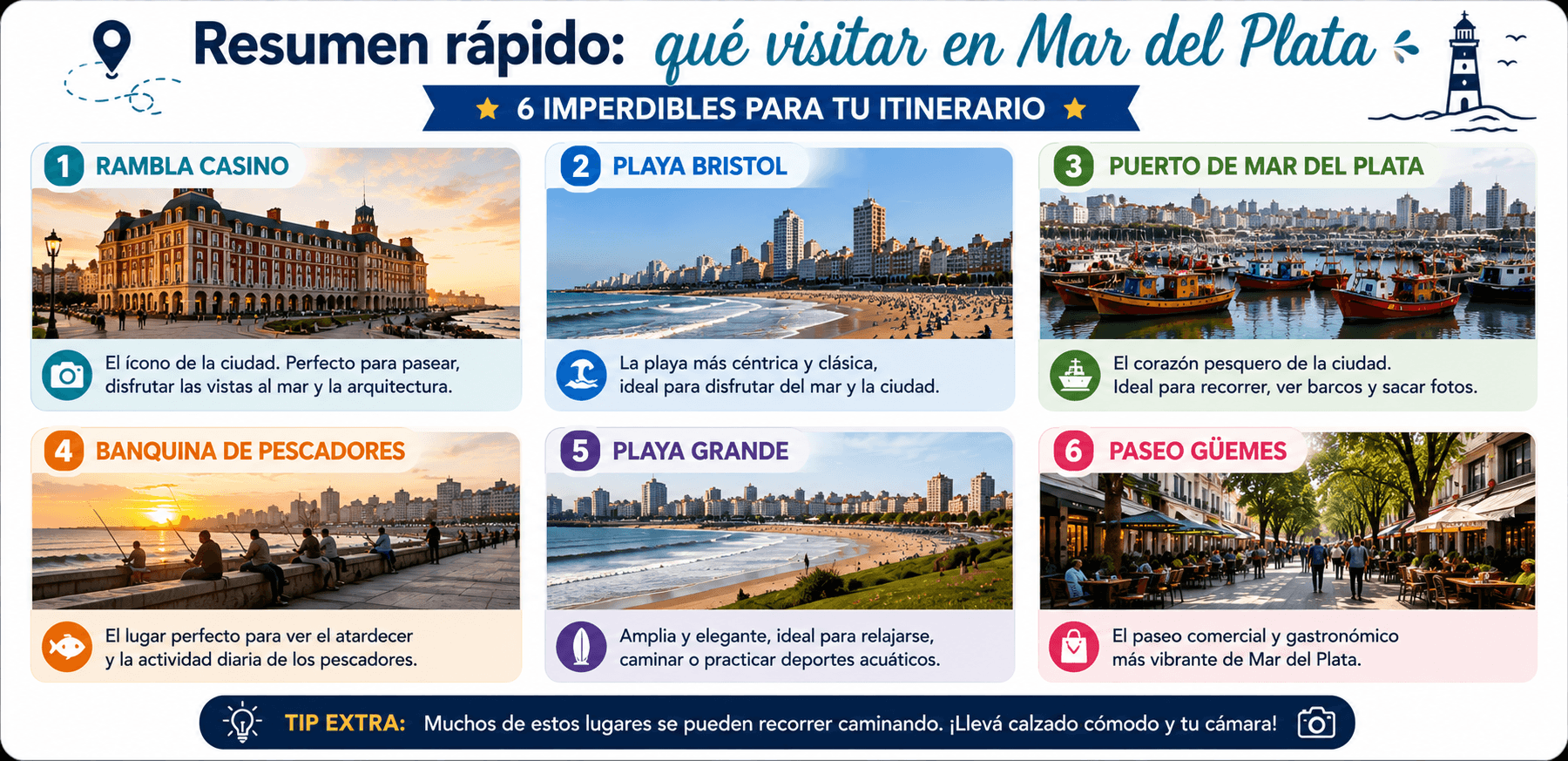 Guía de 6 lugares imperdibles en Mar del Plata, Argentina: playas, puerto, Rambla Casino, Banquina y Paseo Güemes.