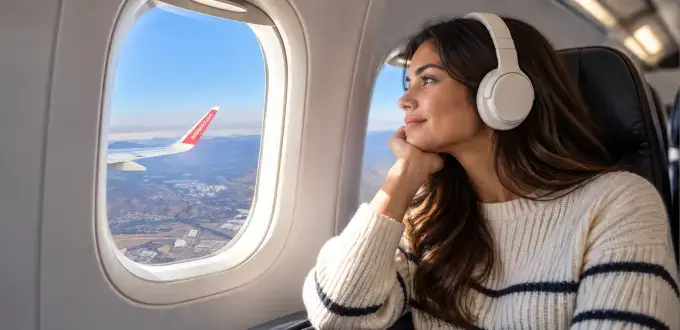 Pasajera con audífonos disfruta de un vuelo cómodo mientras observa el paisaje por la ventana del avión.