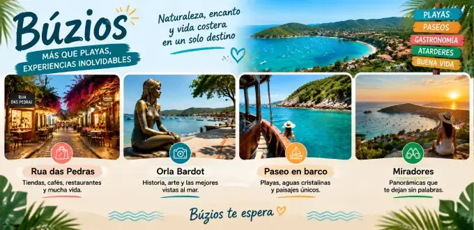 Búzios, Brasil, con playas paradisíacas, Rua das Pedras, paseos en barco y miradores costeros.
