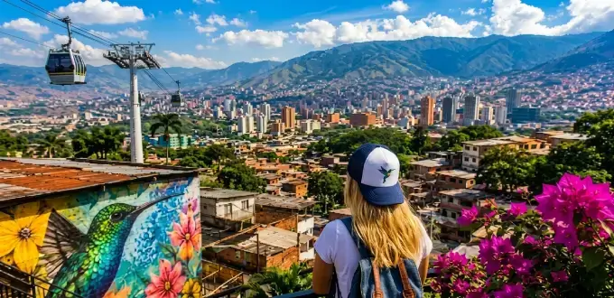 Medellín, Colombia, con vista panorámica de la ciudad, montañas, metrocable y arte urbano.