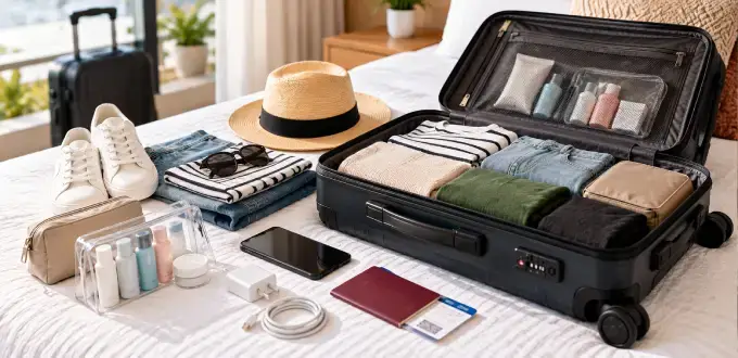 Maleta de cabina abierta con ropa organizada, artículos de higiene personal, documentos y accesorios de viaje sobre una cama.