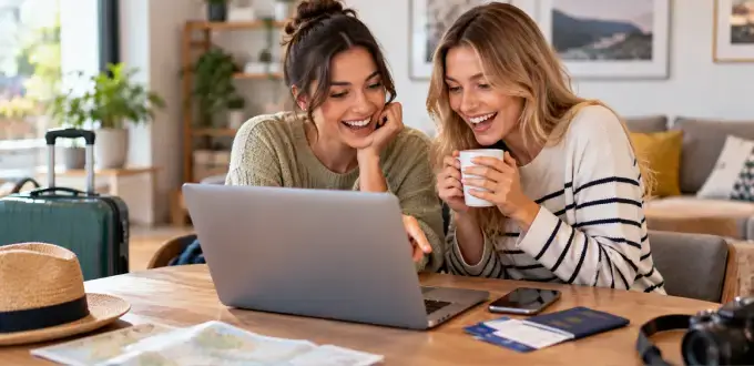 Dos amigas planifican un viaje en computador portátil desde casa, junto a maletas, pasaportes y documentos de viaje.