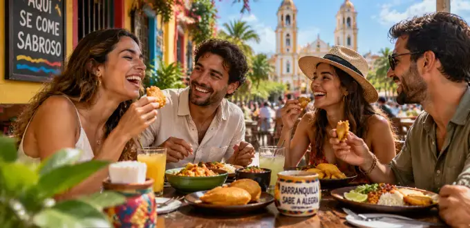 Barranquilla, Colombia: amigos disfrutando la gastronomía local con platos típicos en un ambiente caribeño.