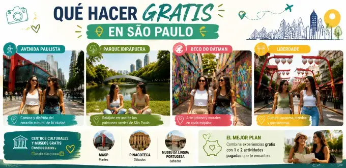 Infografía con actividades gratuitas en São Paulo: Avenida Paulista, Parque Ibirapuera, Beco do Batman, Liberdade y centros culturales.