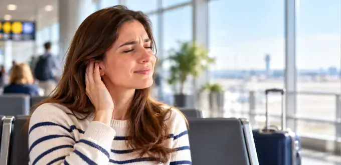 Mujer con dolor de oído por cambios de presión al volar, sentada en la sala de espera de un aeropuerto.