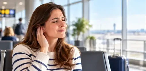 Mujer con dolor de oído por cambios de presión al volar, sentada en la sala de espera de un aeropuerto.