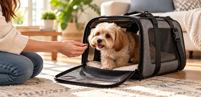Mujer acostumbra a su perro pequeño a un kennel de viaje, ofreciéndole un premio para que se sienta cómodo y seguro.
