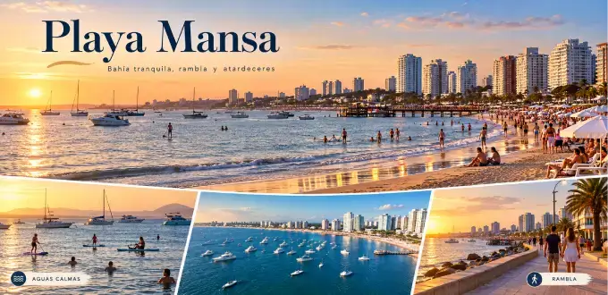 Playa Mansa en Punta del Este, Uruguay: aguas tranquilas, embarcaciones, rambla costera y atardeceres frente al mar.
